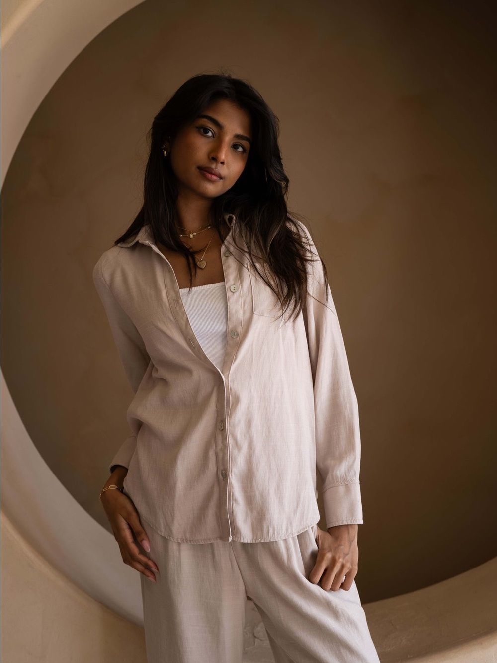 Light Beige Linen Button-Up Shirt